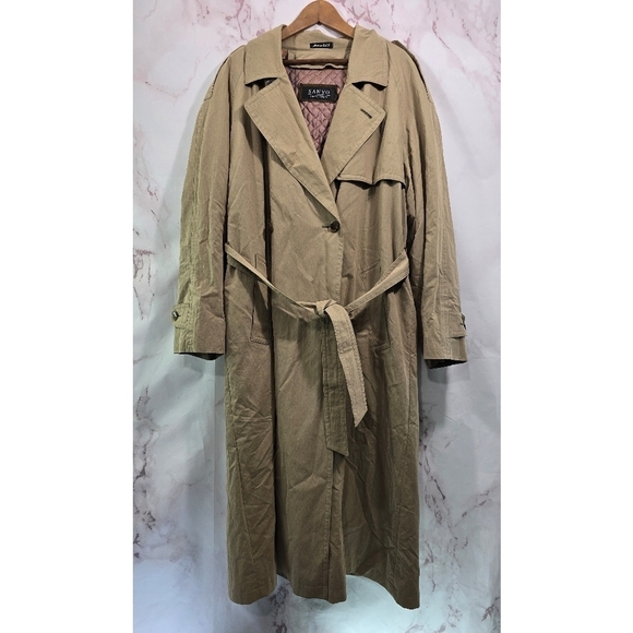 Vintage Trench Coat Mens Large 42 Khaki Tan Wool Blanket Lined Parka Tie Button - Picture 1 of 16
